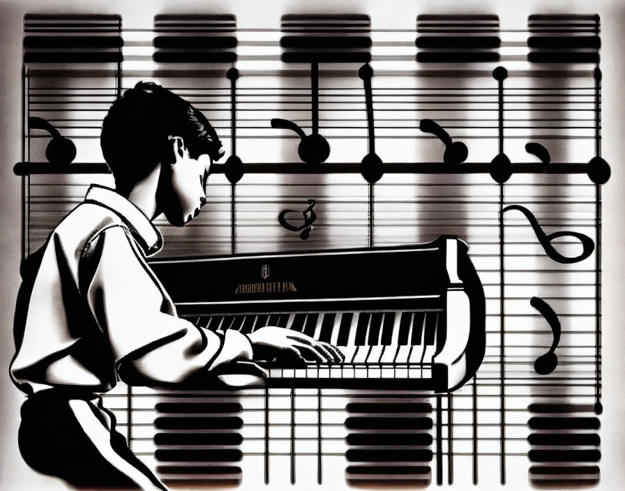 Monochrome illustration of person playing piano with musical notes and staff lines.