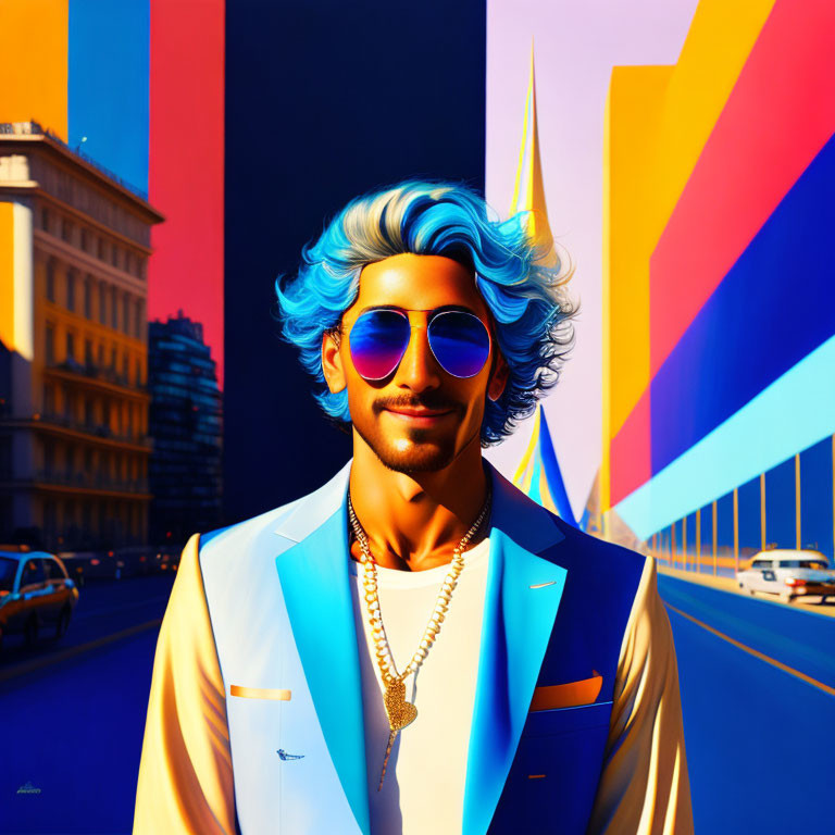 Confident man with blue hair and sunglasses in vibrant cityscape