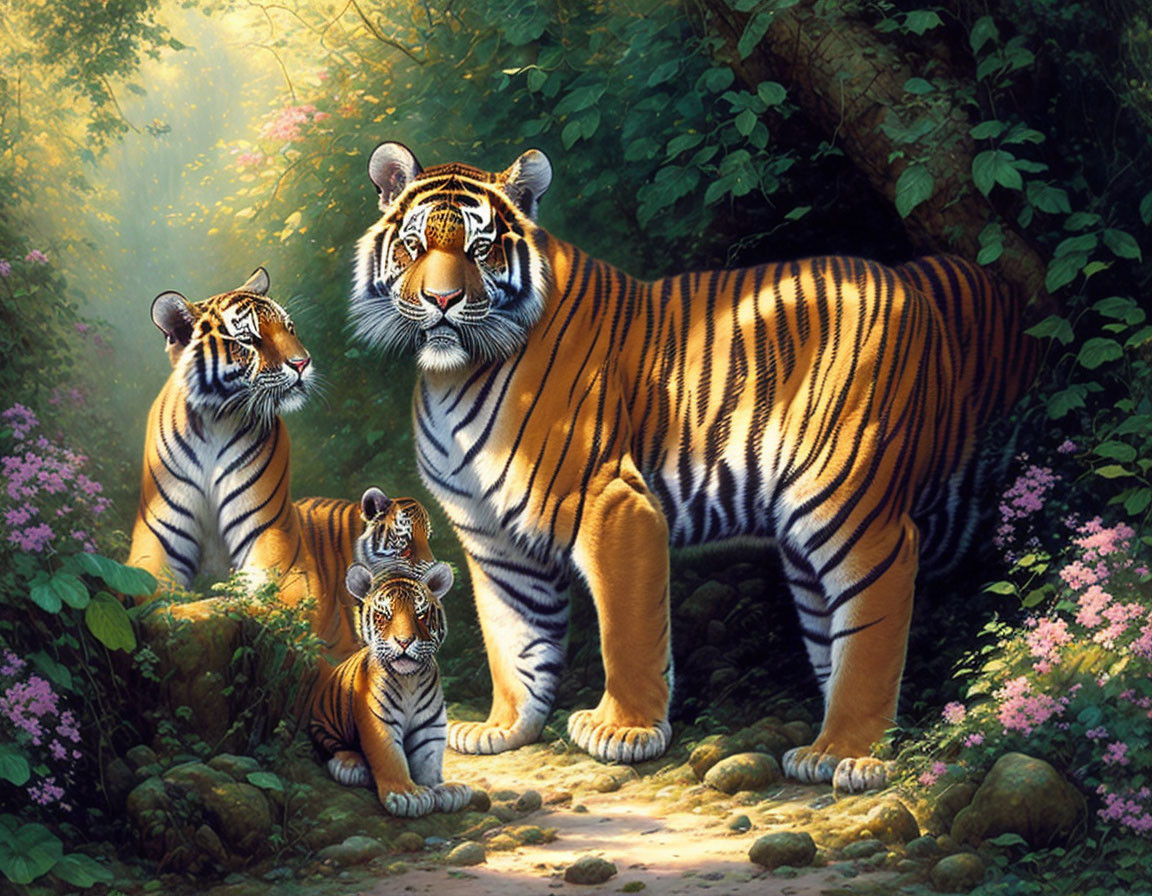 Tiger family with two cubs in lush forest clearing