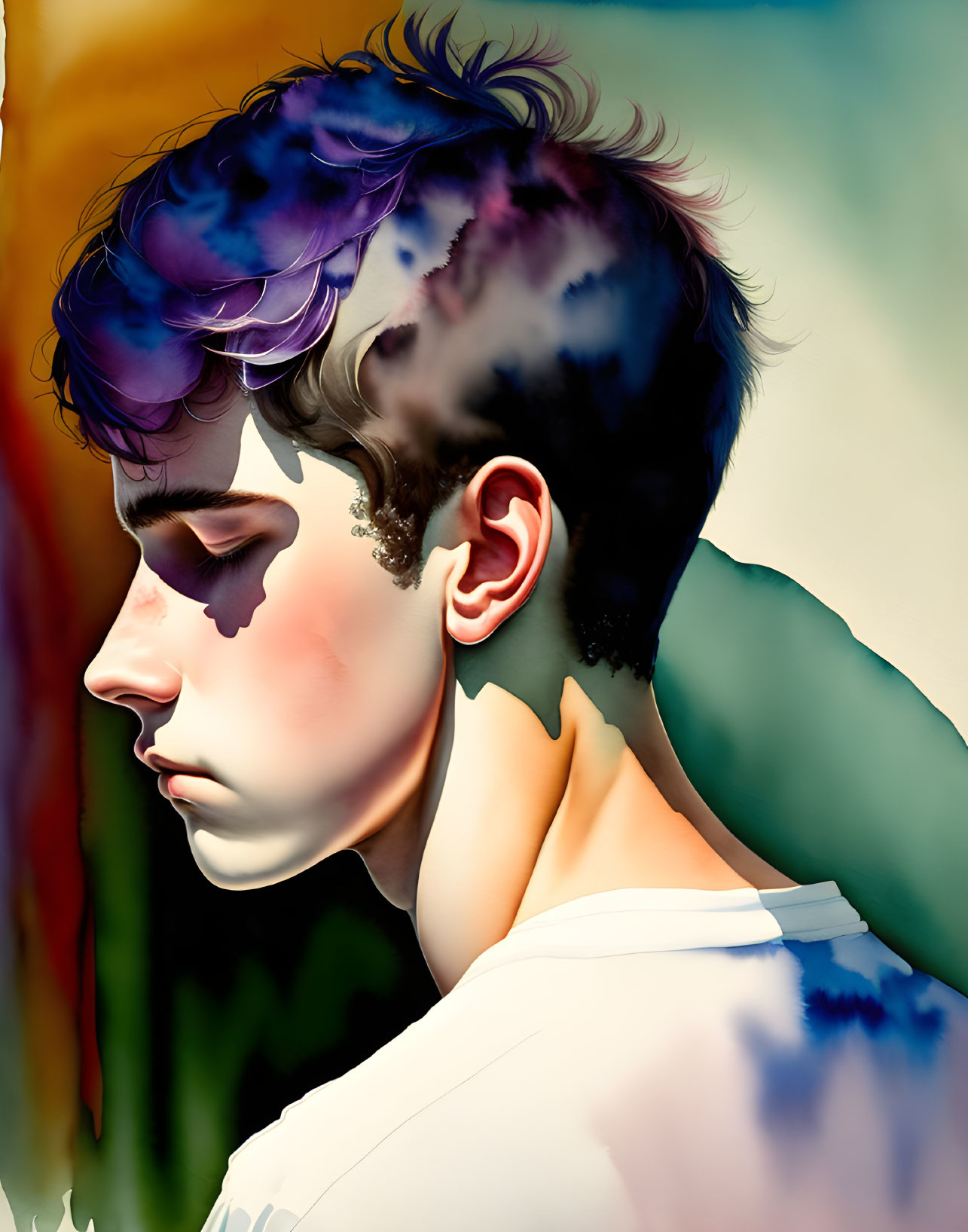 Vibrant digital painting of a person with blue and purple hair in profile