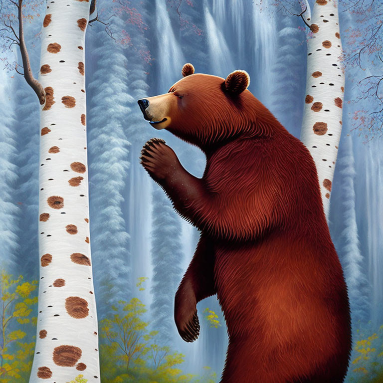 Red bear on hind legs in forest with birch trees and fallen leaves