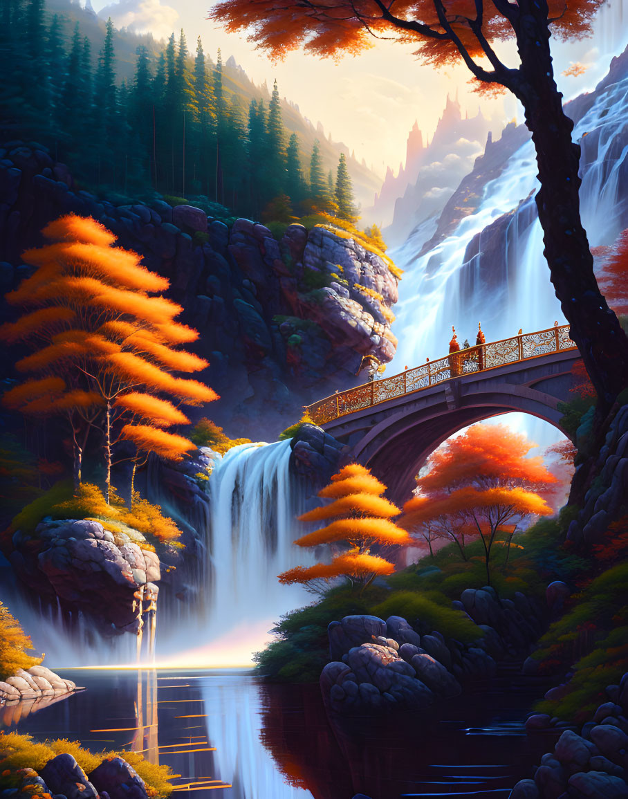 Tranquil autumn landscape with waterfall, lake, stone bridge, and nature admirers