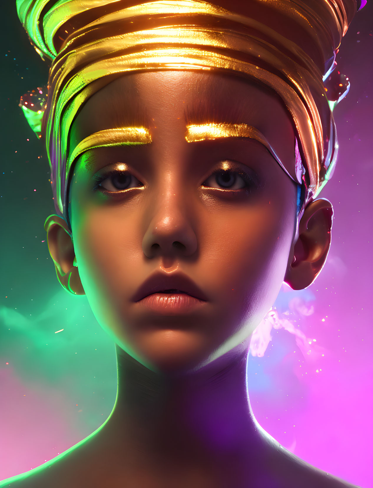 Surreal portrait of person with golden headgear in vibrant neon light