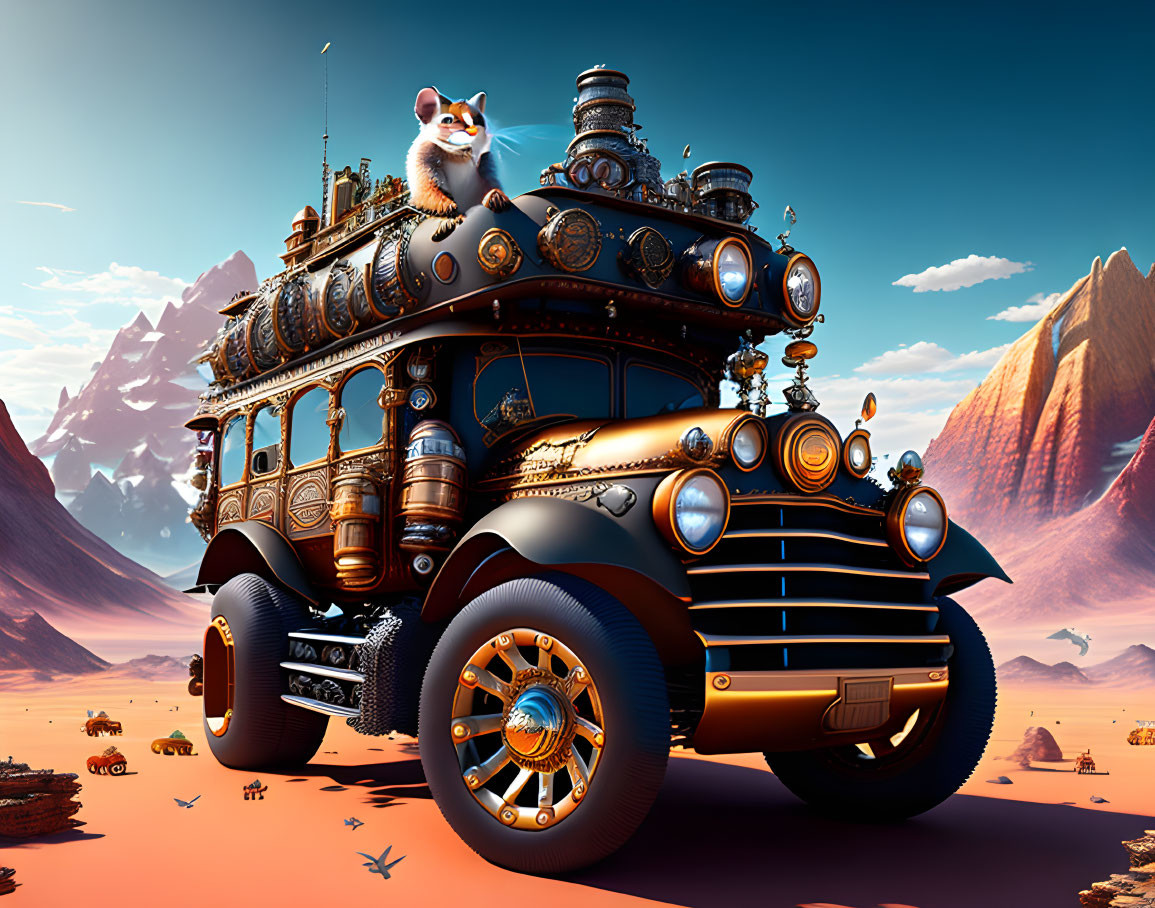 Steampunk-style vehicle with smiling cat in desert landscape