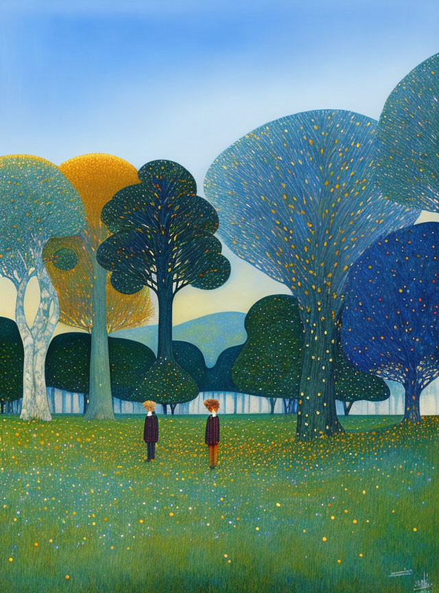 Colorful painting of two figures in meadow with yellow flowers and stylized trees