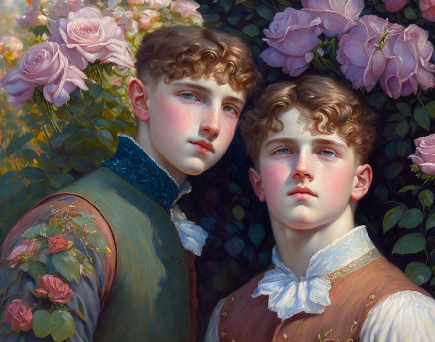 Two Individuals with Curly Hair and Rosy Cheeks Surrounded by Blooming Roses