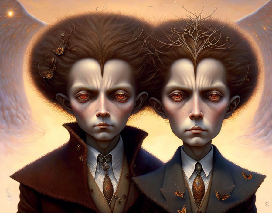 Surreal characters with exaggerated foreheads in Victorian attire