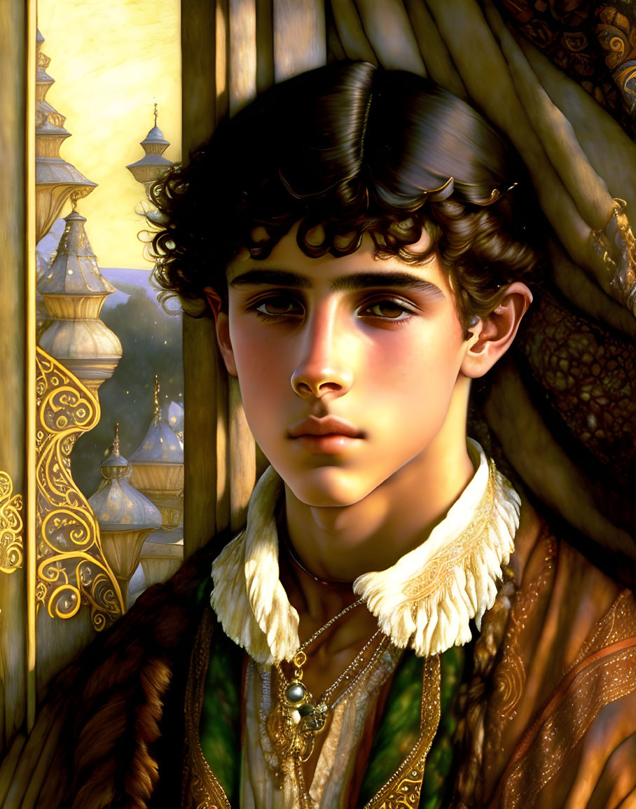 Portrait of Young Person in Luxurious Golden-Brown Outfit