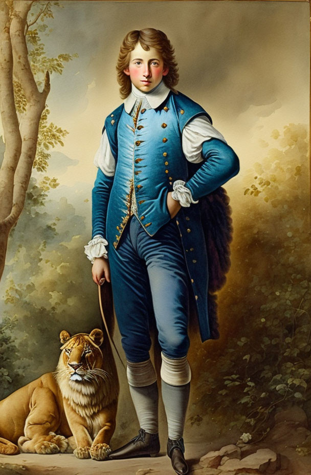 18th-Century Figure with Tiger in Blue and Gold Outfit