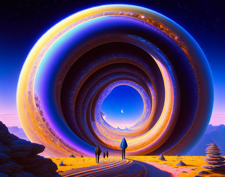 Surreal landscape with figures and ring-like structures under starry sky