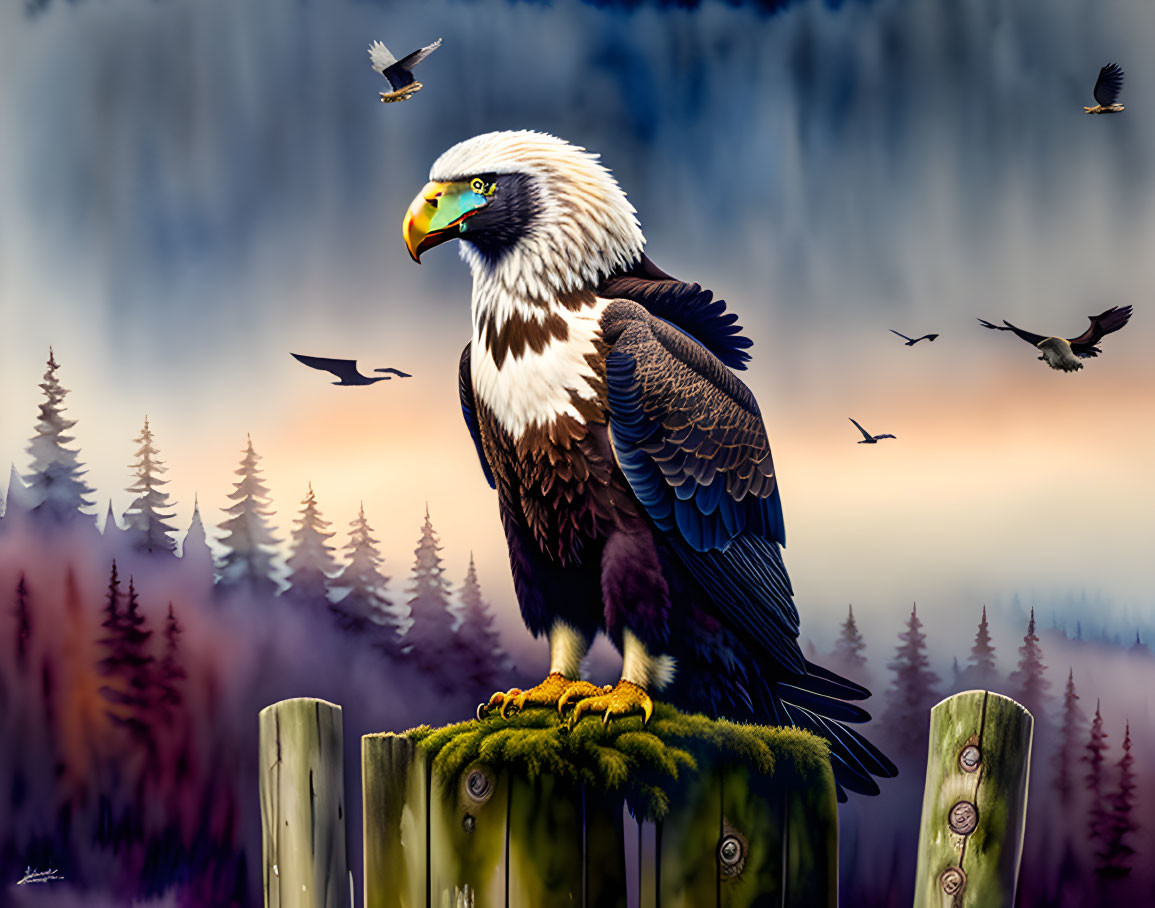 Bald eagle perched on wooden fence in misty pine forest