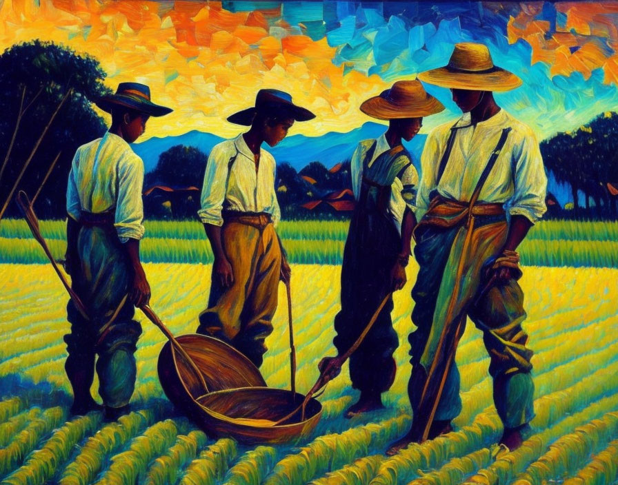 Four people in straw hats working in colorful field with crops and sieve