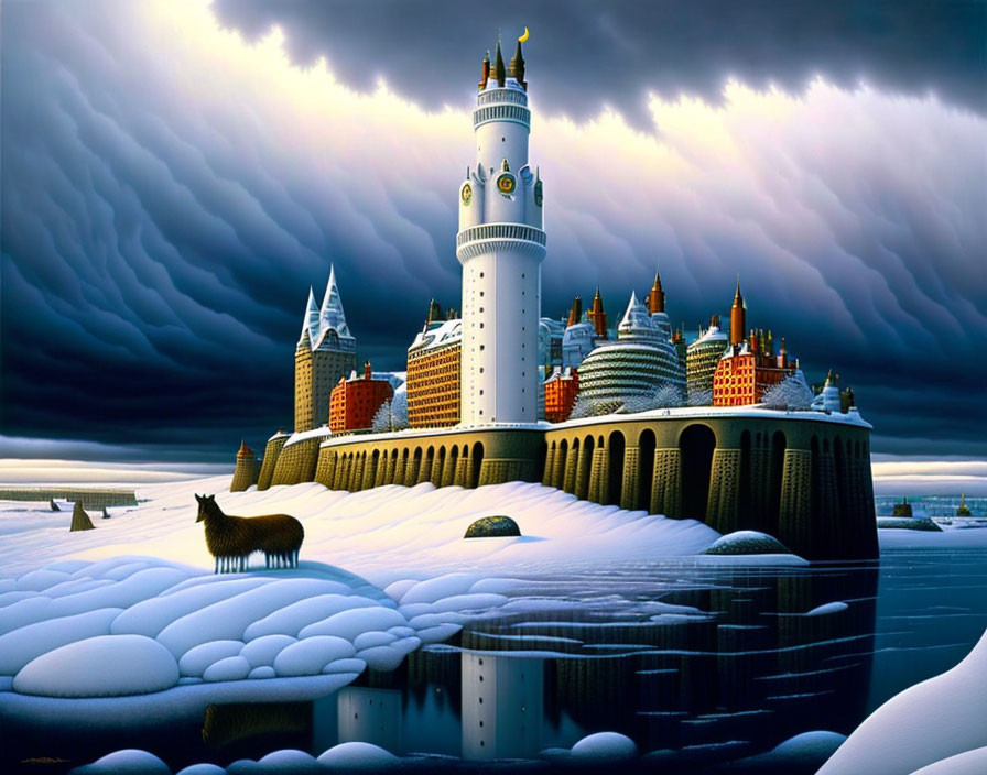 Fantasy castle in snowy landscape with lone wolf under dramatic sky