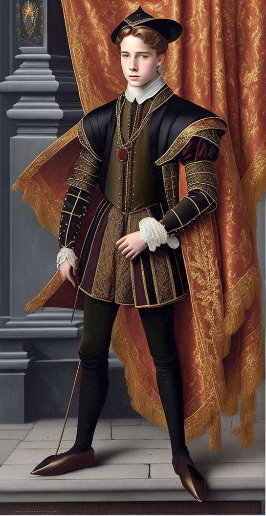 Renaissance-era person in doublet and hose with feathered cap before draped curtain