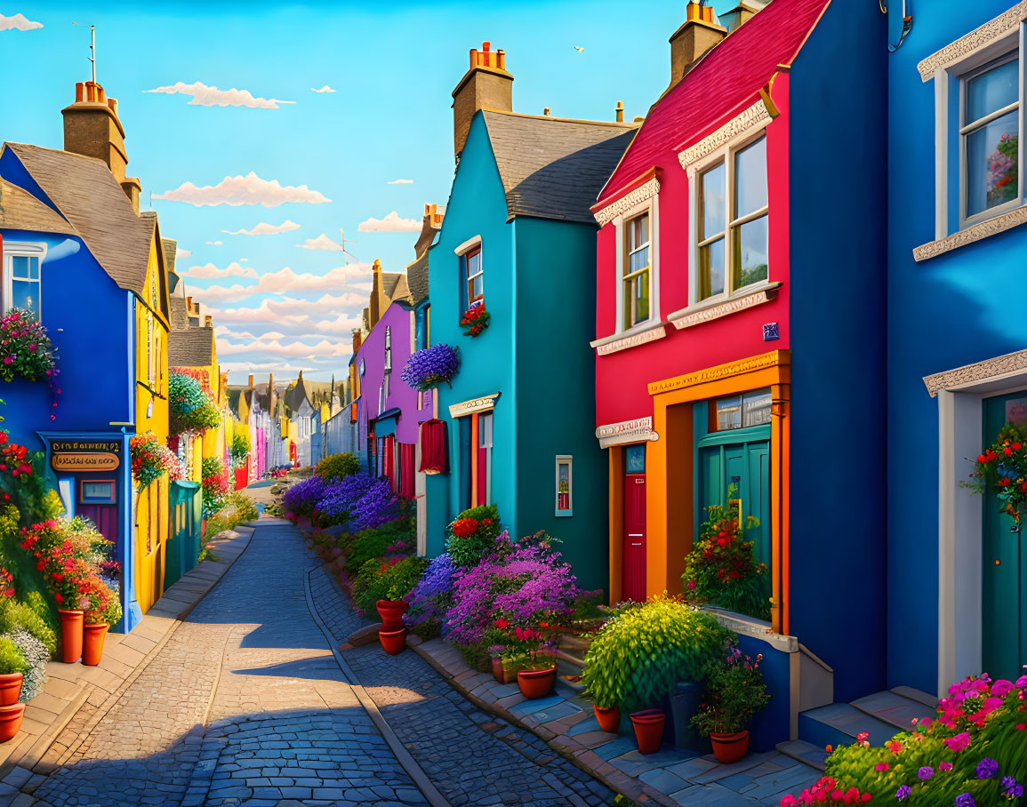 Colorful Houses and Blooming Flowers on Vibrant Street