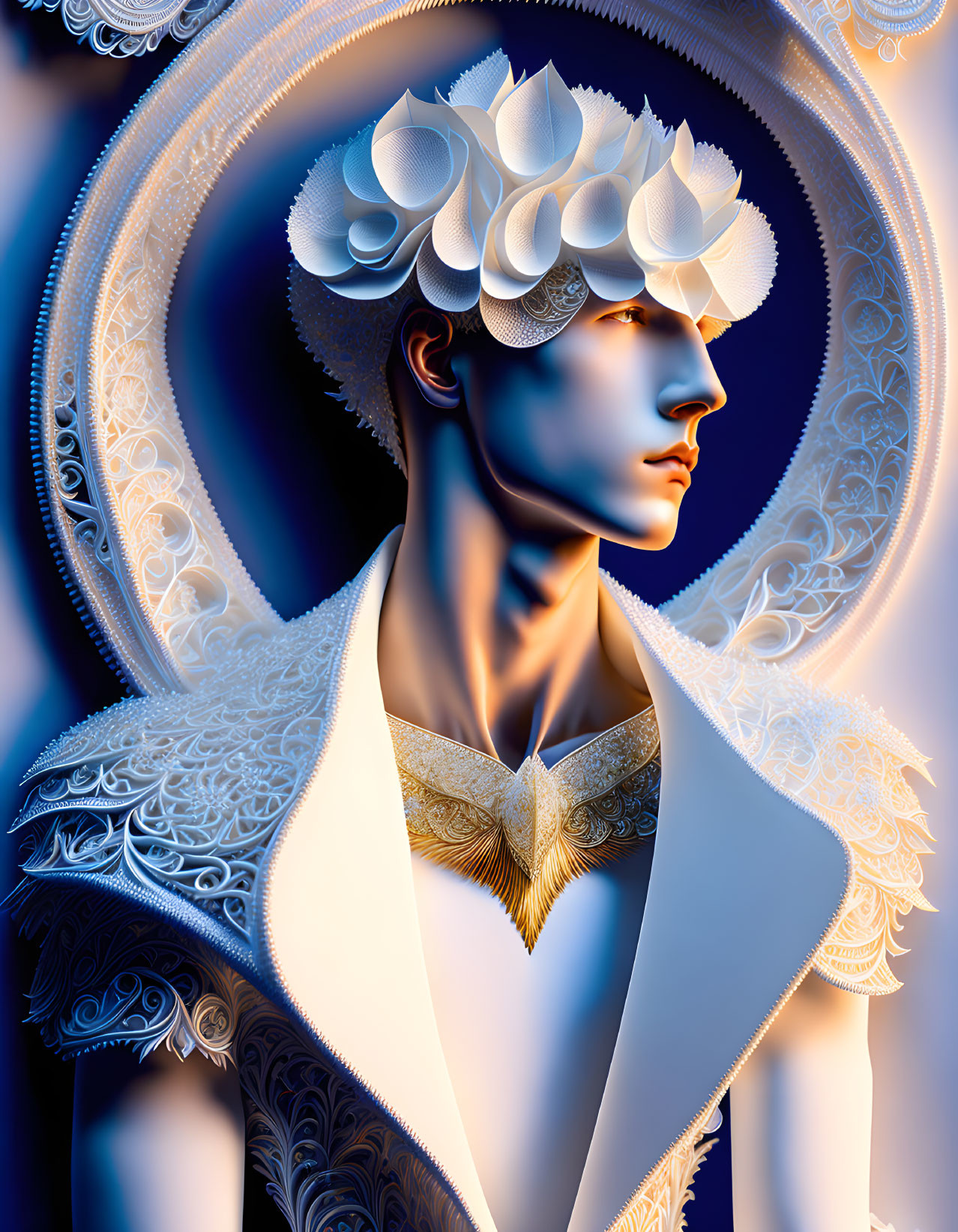 Stylized male figure with white lace-like patterns on blue background