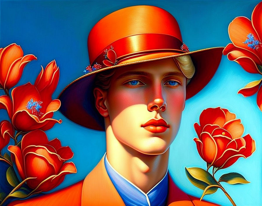 Stylized portrait of a person with blue eyes in orange hat, surrounded by red flowers on blue