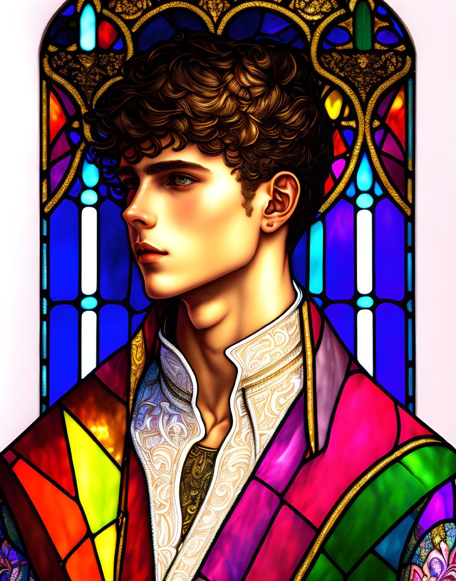 Colorful stained-glass style portrait of a young man with curly hair