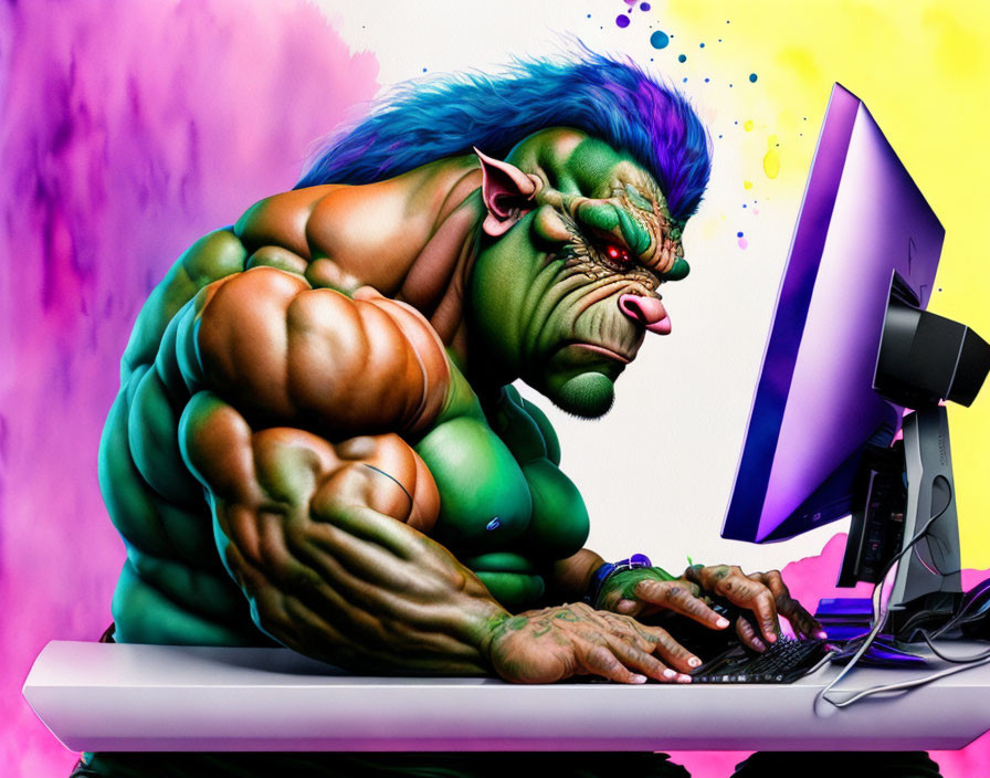 Vibrant illustration: green-skinned orc typing on computer with pink and purple smoke.