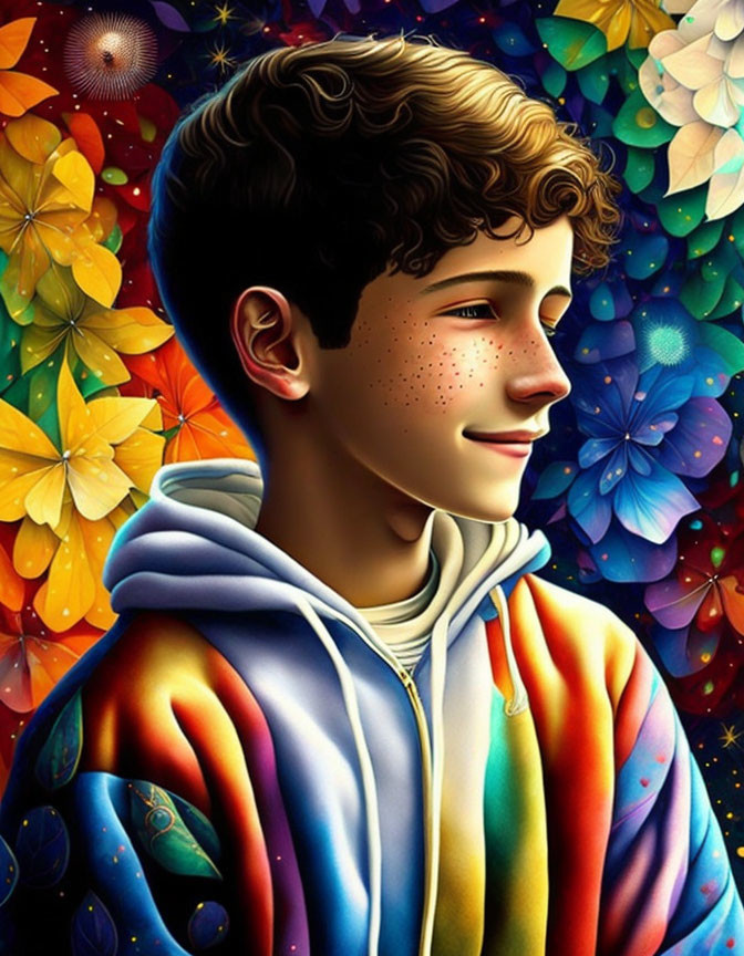 Colorful Rainbow Hoodie Worn by Smiling Youth in Floral Setting