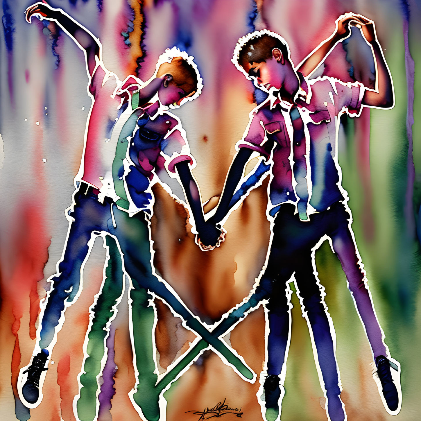 Stylized figures dancing hand-in-hand on vibrant watercolor background