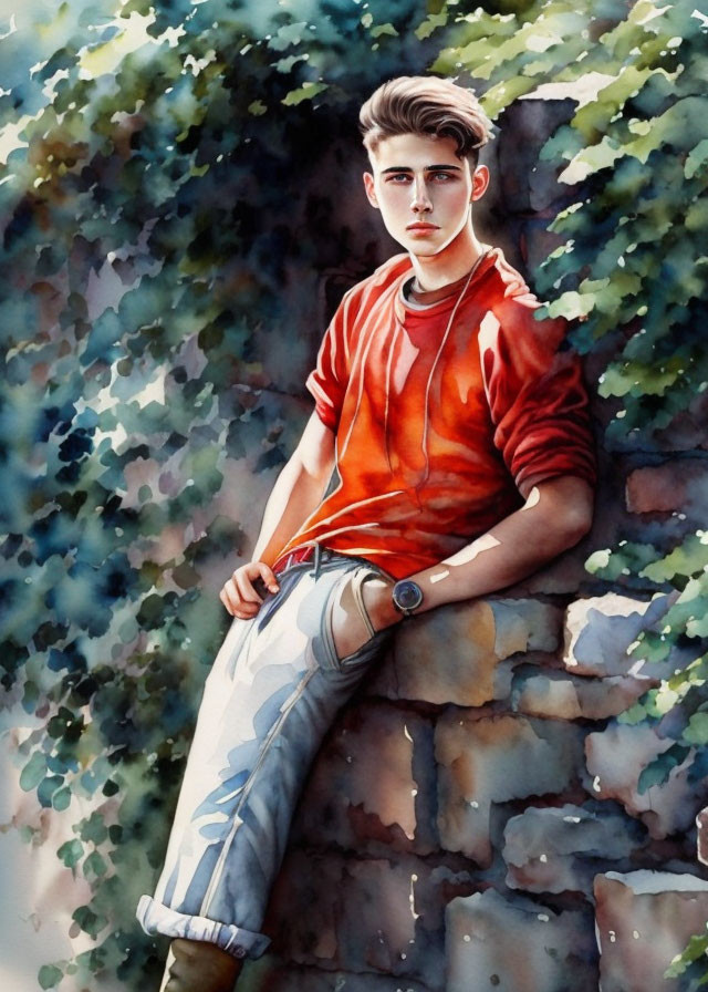 Young man in red hoodie leaning against brick wall in watercolor art