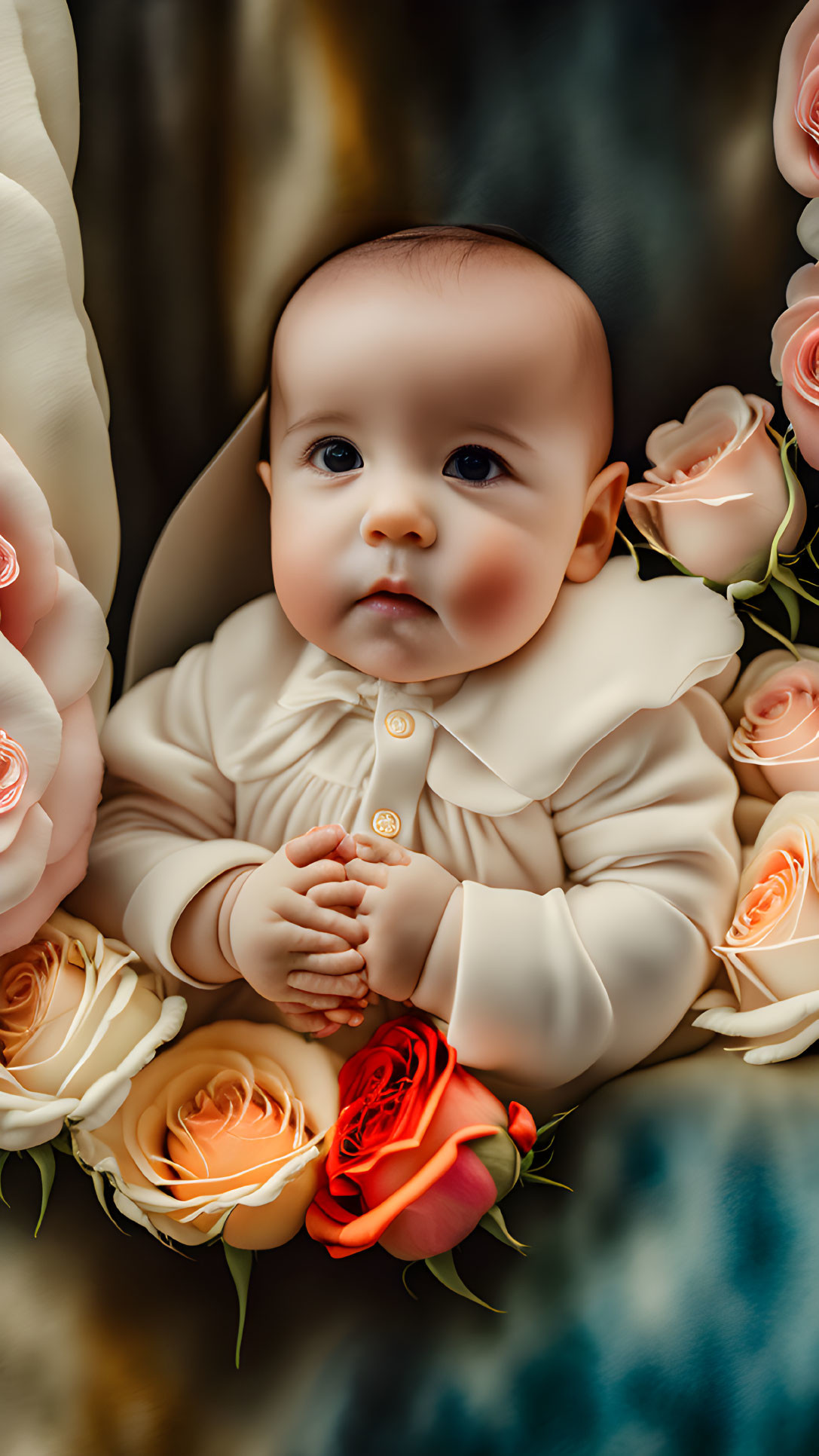 Serene baby surrounded by peach and orange roses in beige outfit