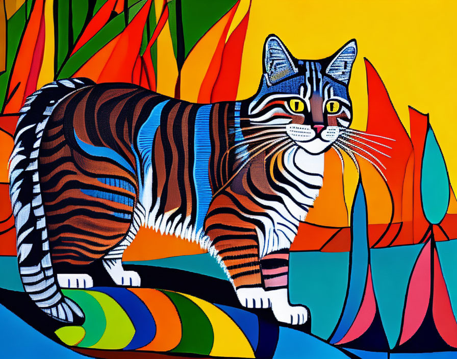 Colorful Stylized Cat Painting with Abstract Flora on Yellow Background