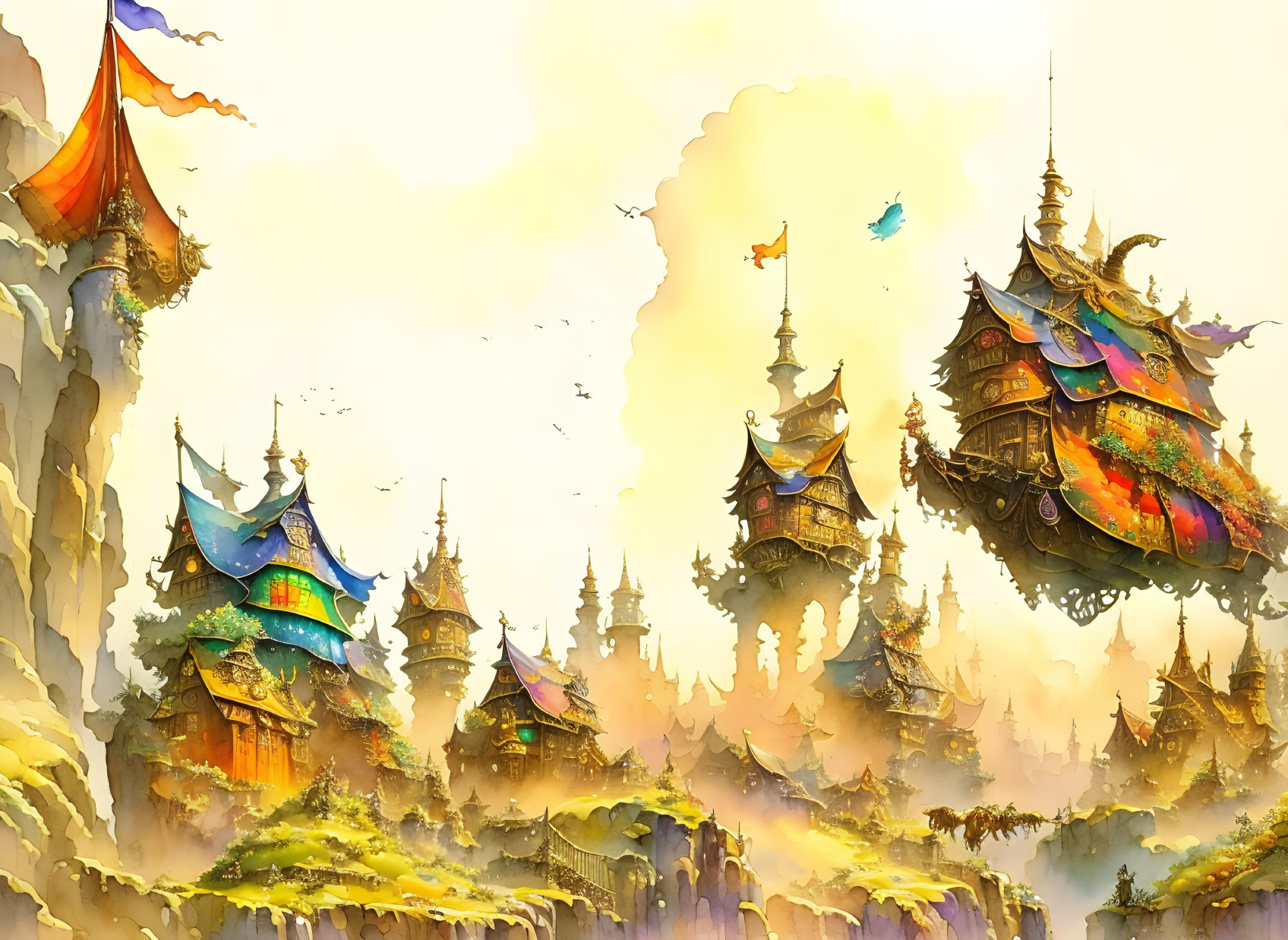 Fantastical landscape with floating colorful palaces and birds in golden ambiance