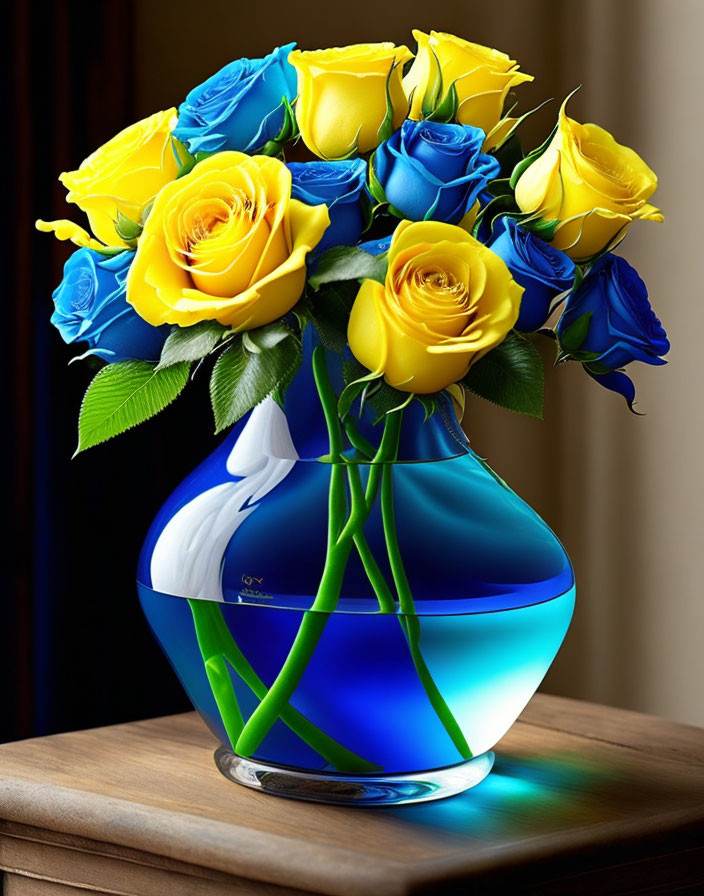 Vibrant Yellow and Blue Roses in Transparent Blue Vase on Wooden Table