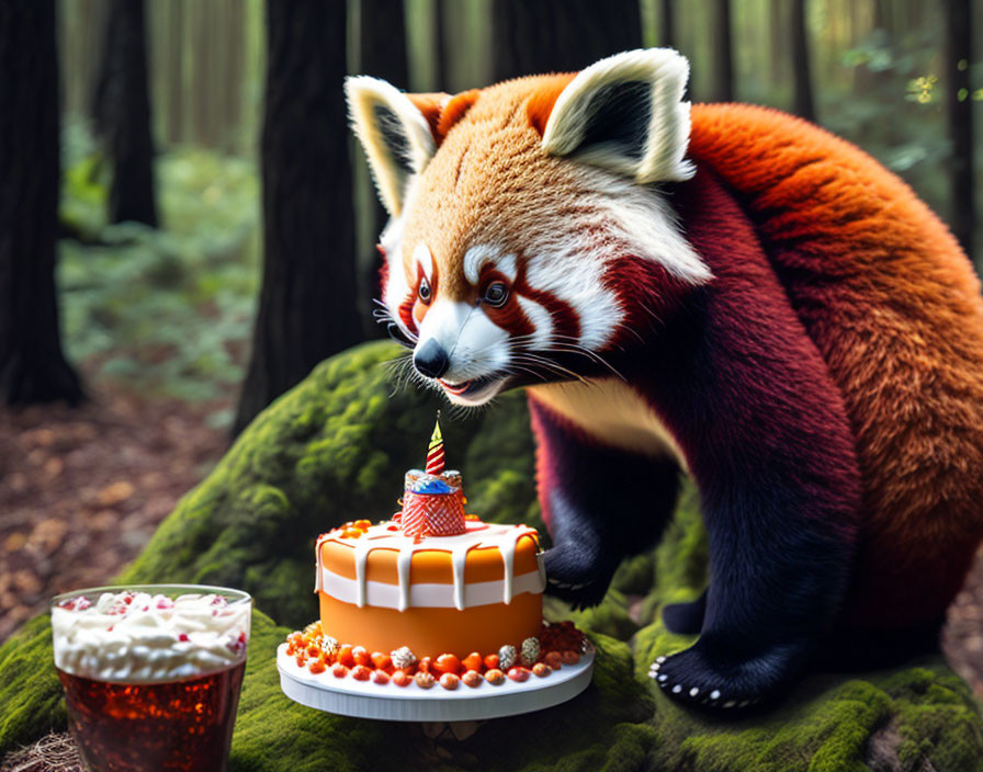 Red panda with birthday cake in forest setting