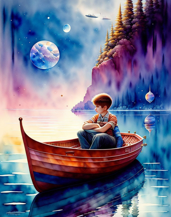 Boy Contemplating in Boat Surrounded by Colorful Landscape and Whimsical Sky