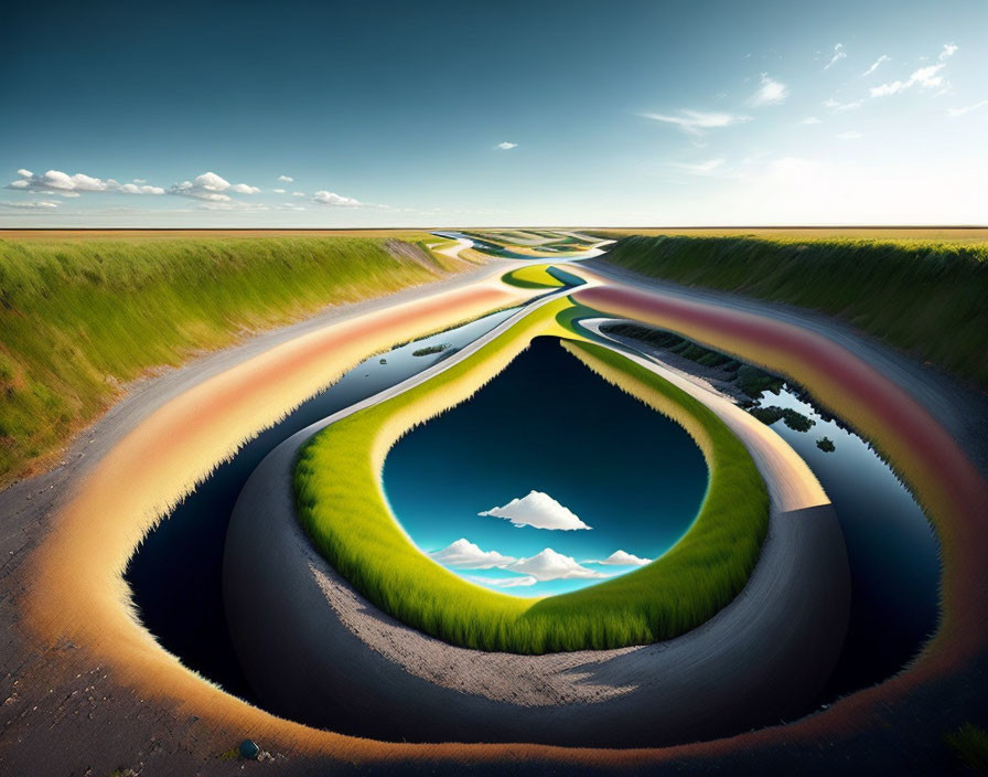 Surreal landscape with looping road around central lake and lone cloud reflection