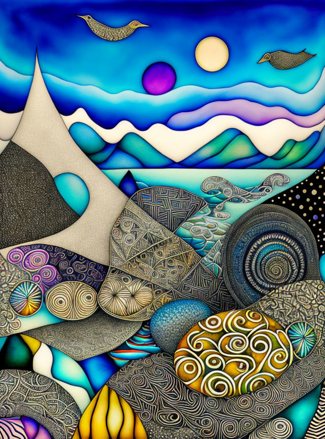 Colorful Abstract Landscape with Sun, Moon, and Birds