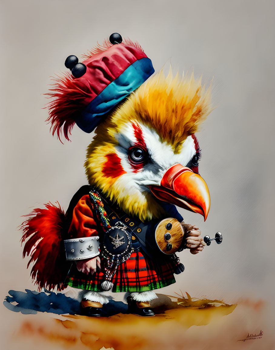 Anthropomorphic bird in red and blue hat, tartan kilt, jacket with chains, holding