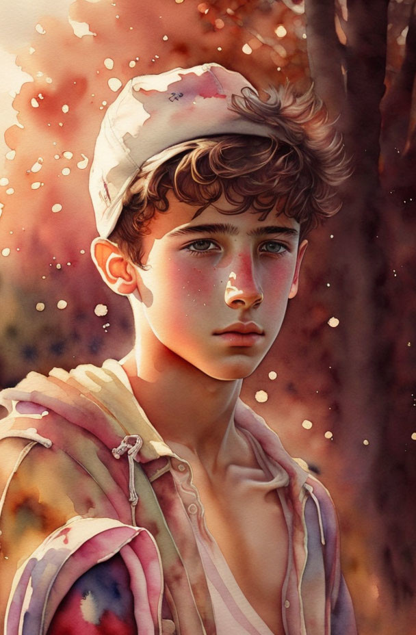 Boy with Curly Hair in Hat and Pink Shirt Contemplating in Autumn Scene