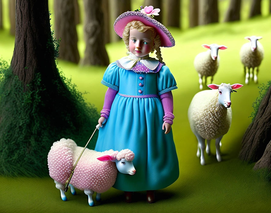 Blue dress and pink hat doll with sheep on surreal green landscape