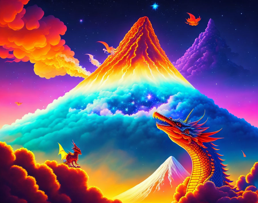 Colorful digital artwork: Majestic dragon soaring over fiery mountain.