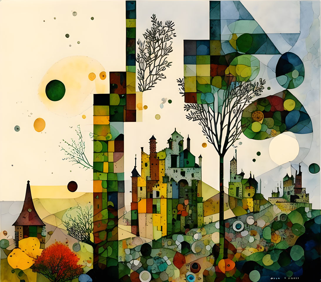 Colorful Abstract Painting with Geometric Shapes, Bubbles, and Whimsical Castles