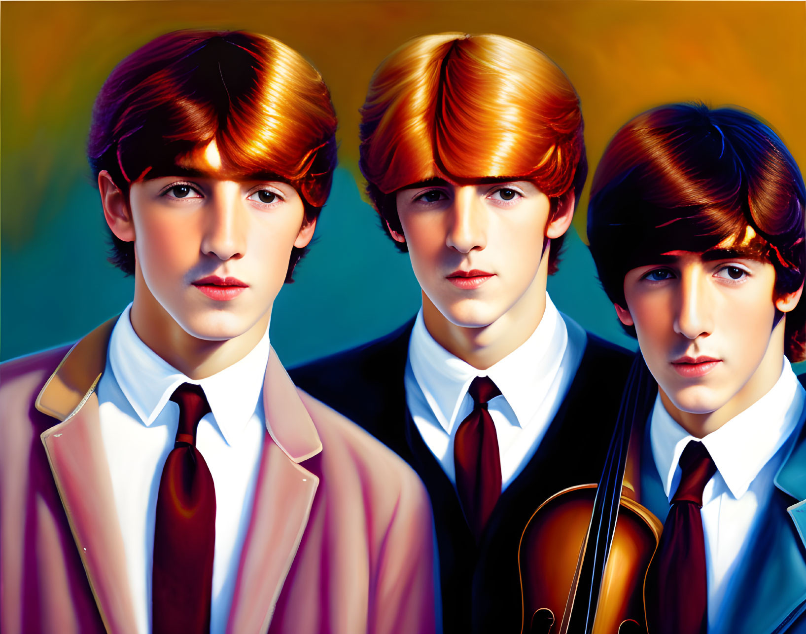 Three young men in vintage fashion with violin on gradient background