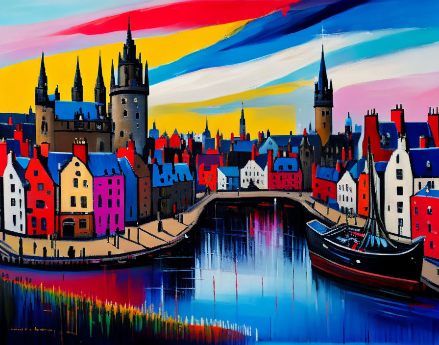 Colorful European Riverside Town Painting with Blue River