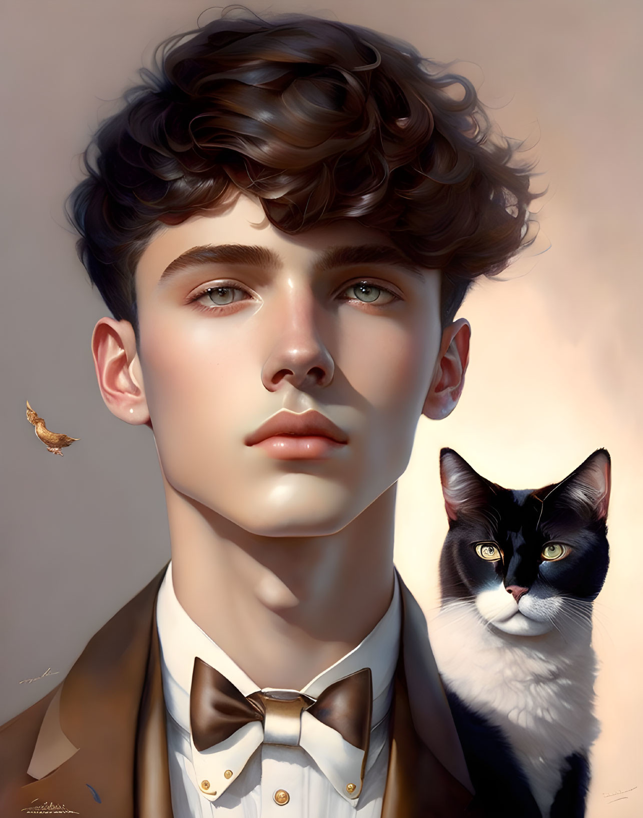 Young man with curly hair and bow tie next to black and white cat and butterfly portrait.