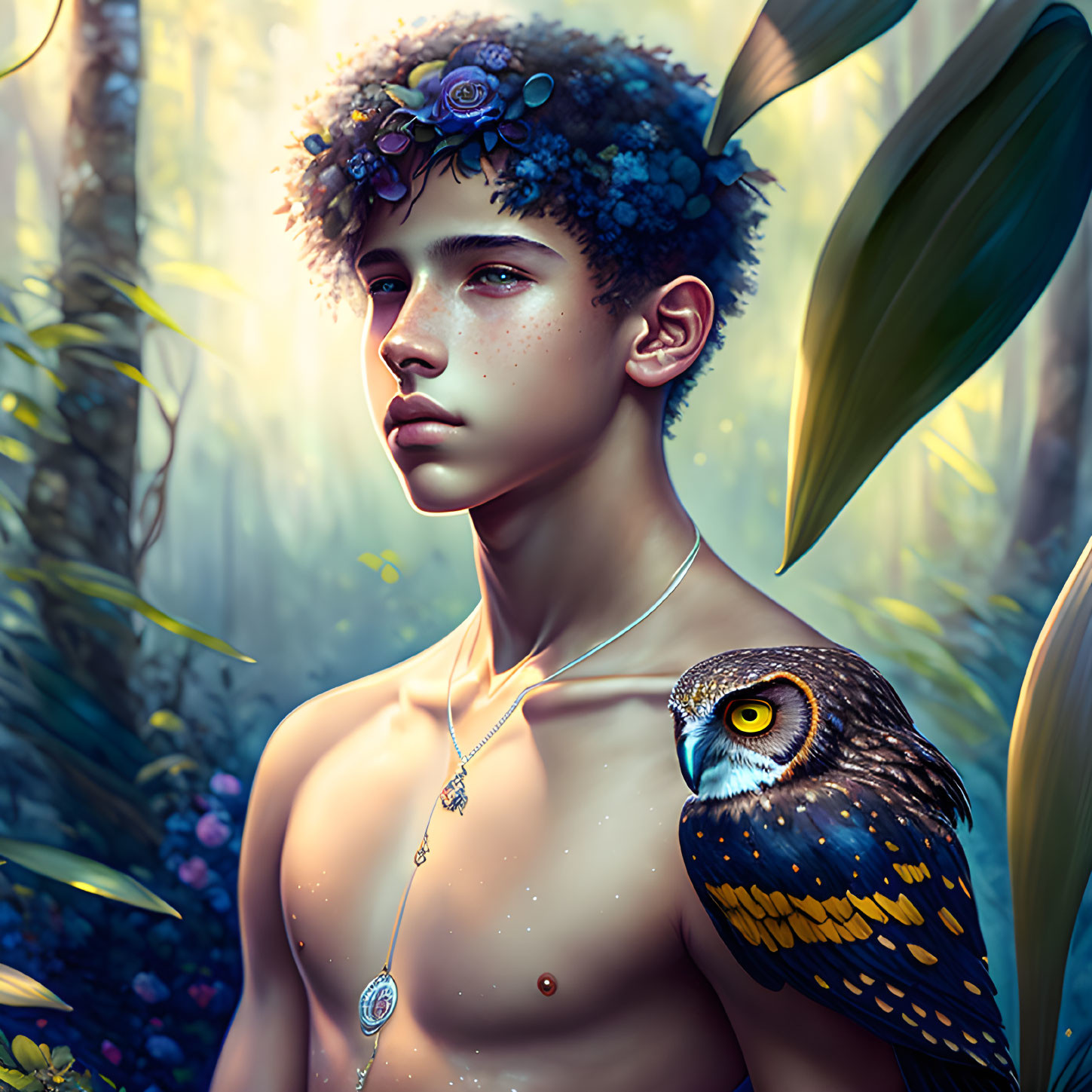 Young man with floral-adorned hair and owl in lush foliage portrait.