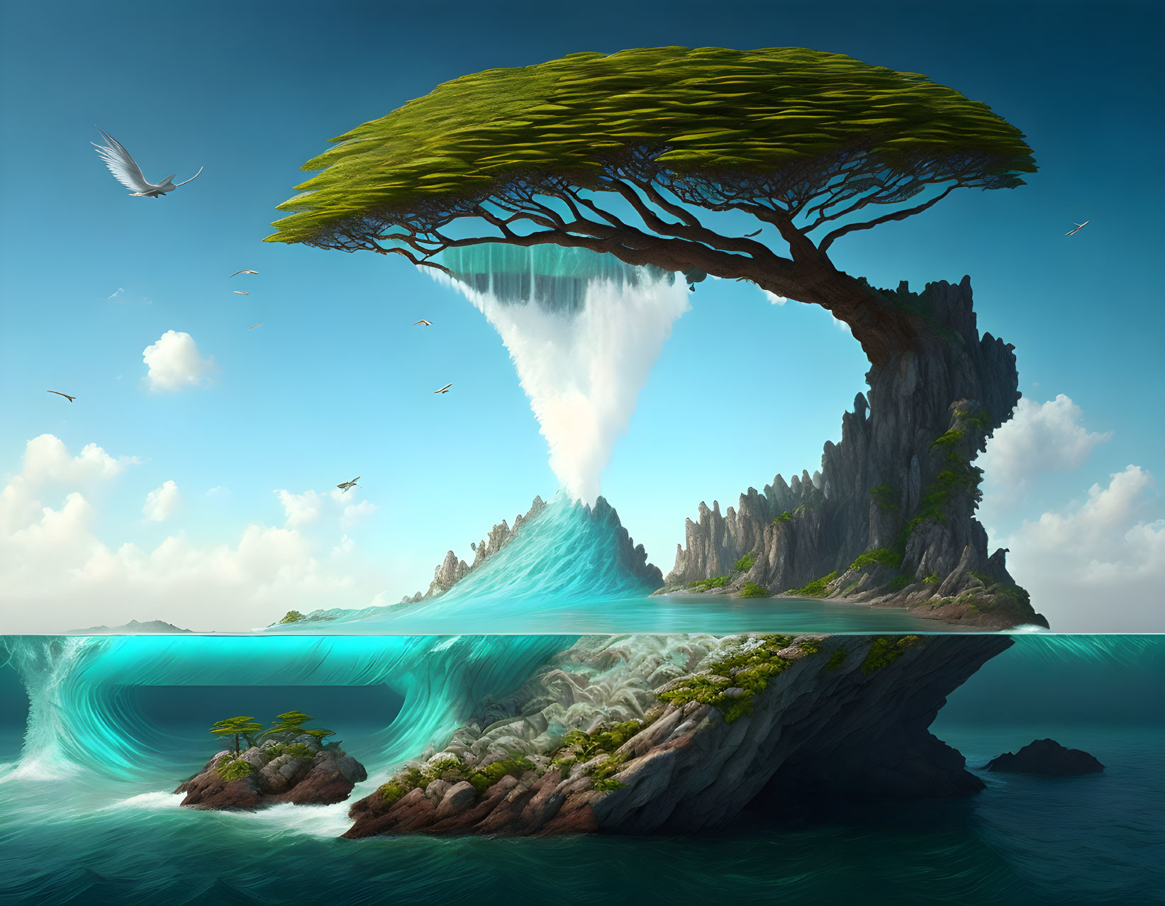 Fantastical landscape with massive tree, cliff, waterfall, ocean, flying birds, and blue sky