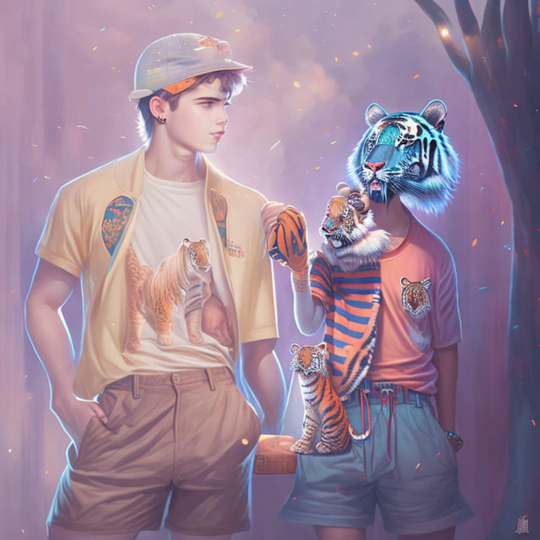 Young man and tiger in urban attire in surreal forest scene