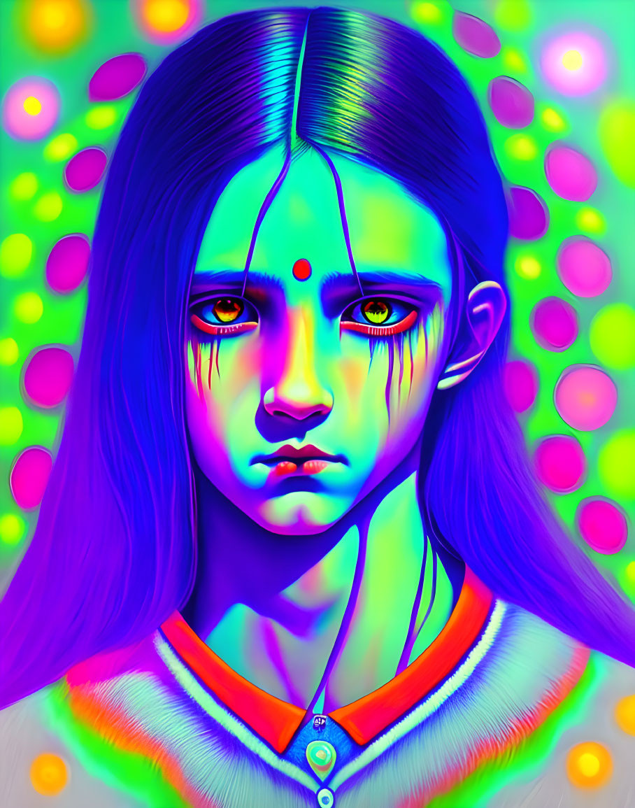 Colorful digital portrait of a female figure with neon hues and red bindi