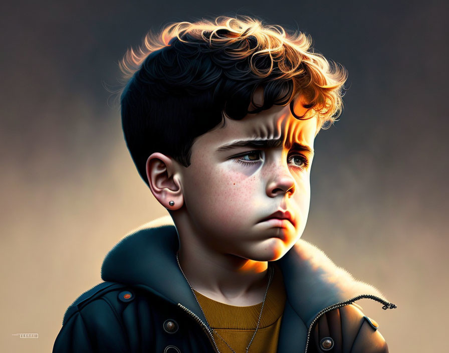 Digital artwork: Curly-haired boy with earring in contemplative pose