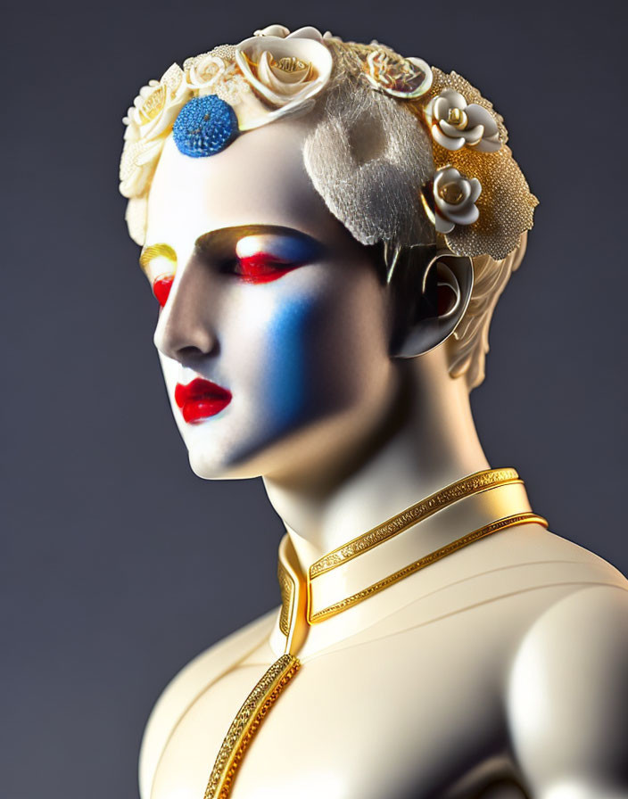 Mannequin with white foundation, red and blue geometric eye patches, flower crown, and golden collar