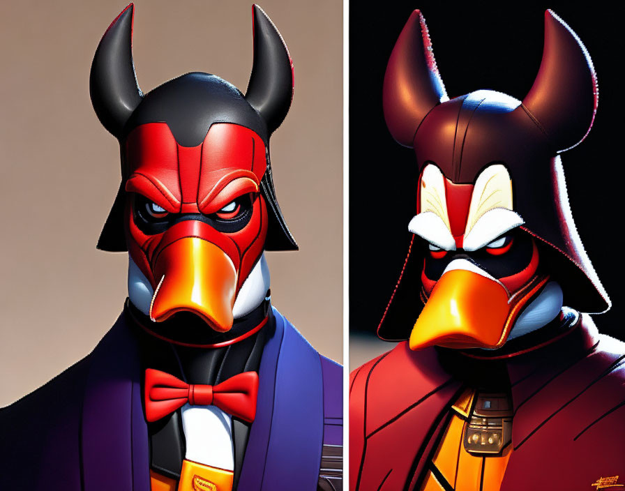 Stylized character with duck head in superhero costume and devil horns