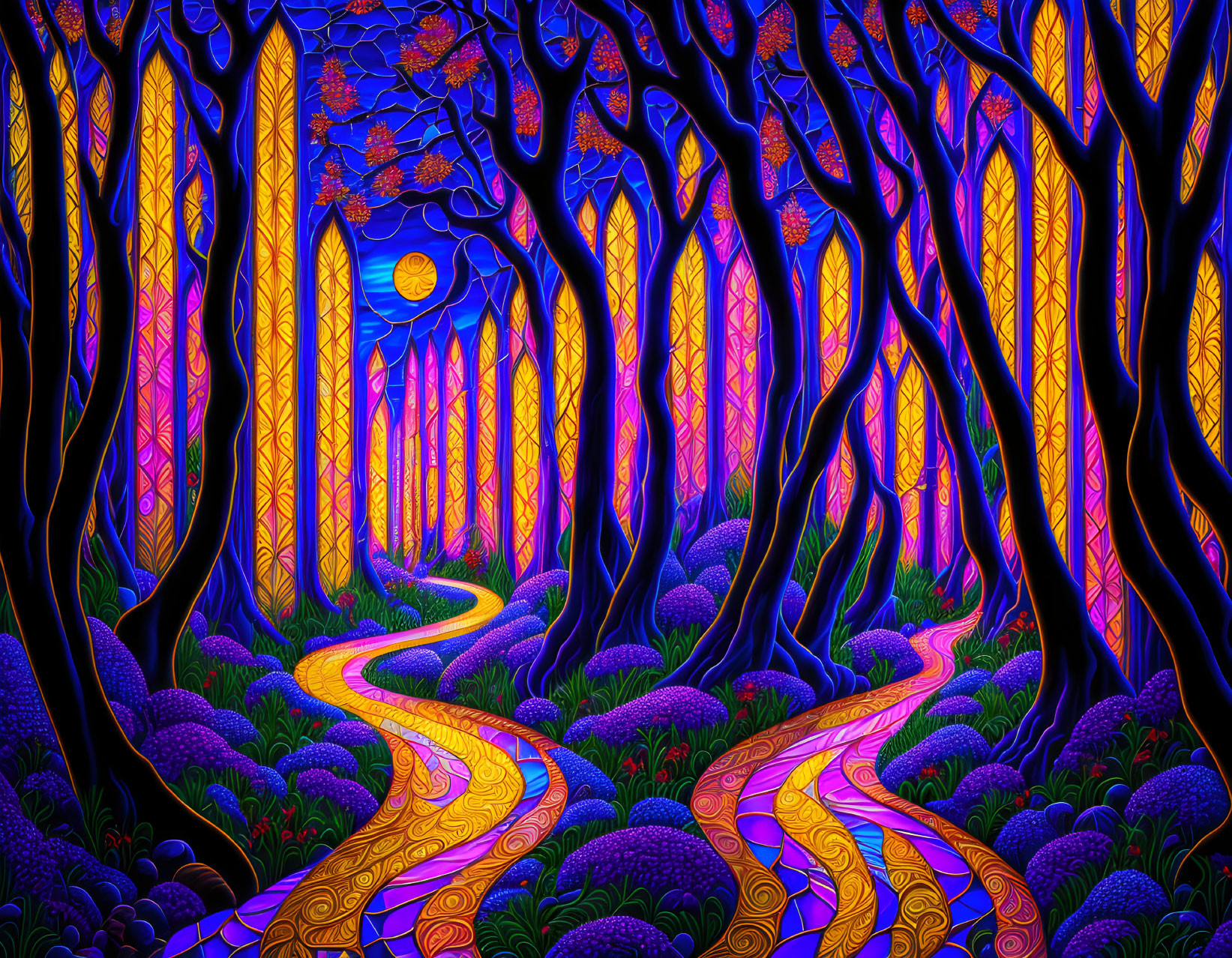 Colorful Psychedelic Forest Scene with Full Moon and Starry Sky